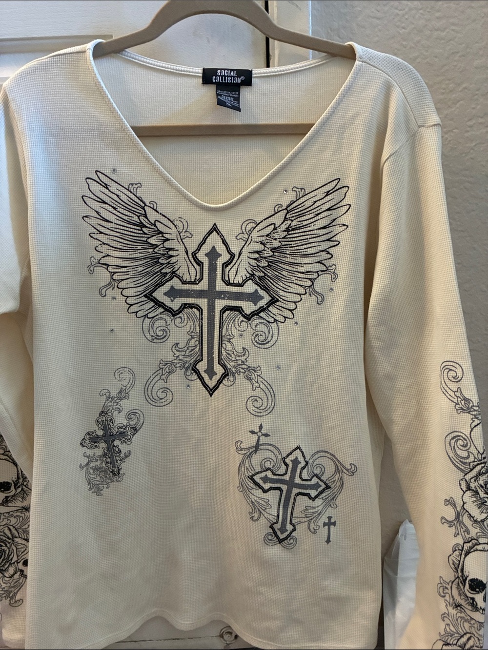 Social Collision Cream Graphic Cross & Wings Thermal Top